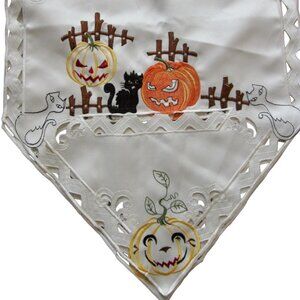 Halloween Table Runner Embroidered Black Cats JOL Pumpkins Cut Work 10' Long